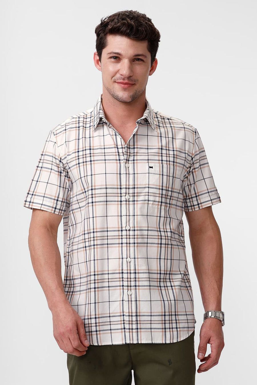 BASICS SLIM FIT SHEEPSKIN BEIGE COTTON HERRINGBONE TWILL CHECKS HALFSLEEVES SHIRT