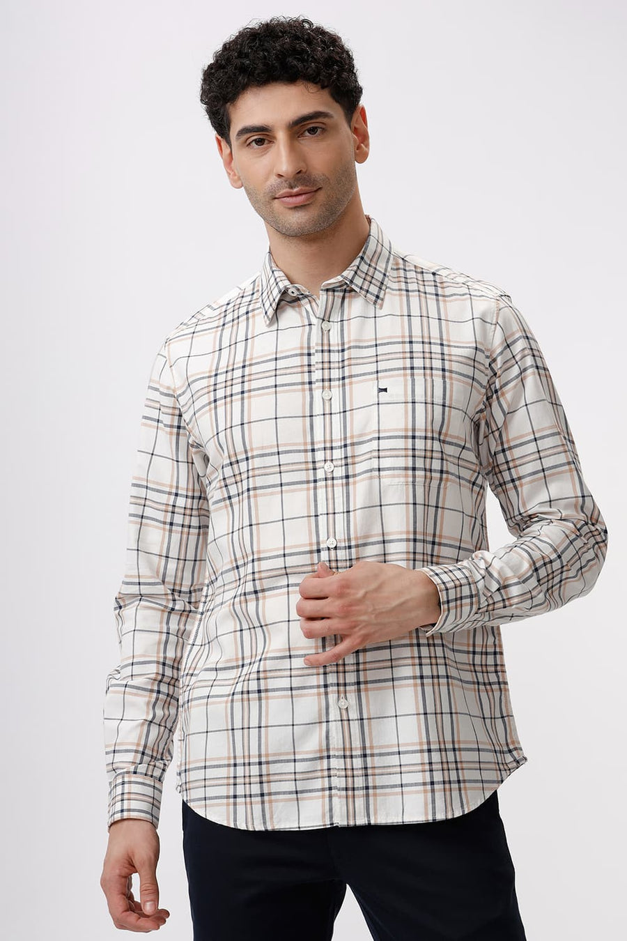 BASICS SLIM FIT SHEEPSKIN BEIGE COTTON HERRINGBONE TWILL CHECKS SHIRT