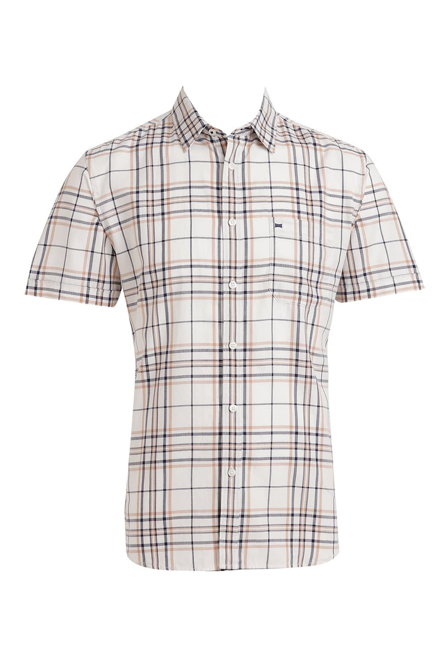 BASICS SLIM FIT SHEEPSKIN BEIGE COTTON HERRINGBONE TWILL CHECKS HALFSLEEVES SHIRT