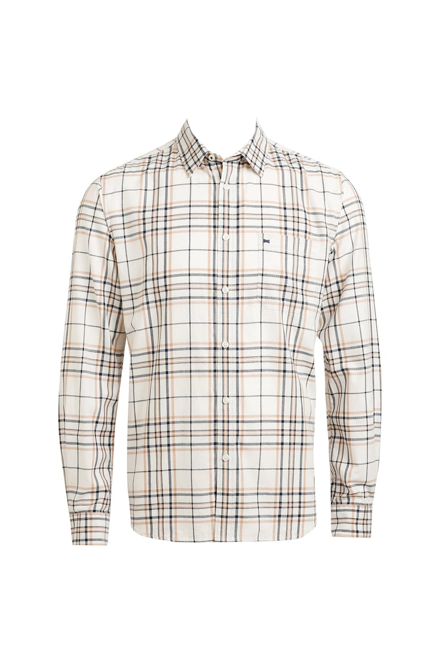 BASICS SLIM FIT SHEEPSKIN BEIGE COTTON HERRINGBONE TWILL CHECKS SHIRT