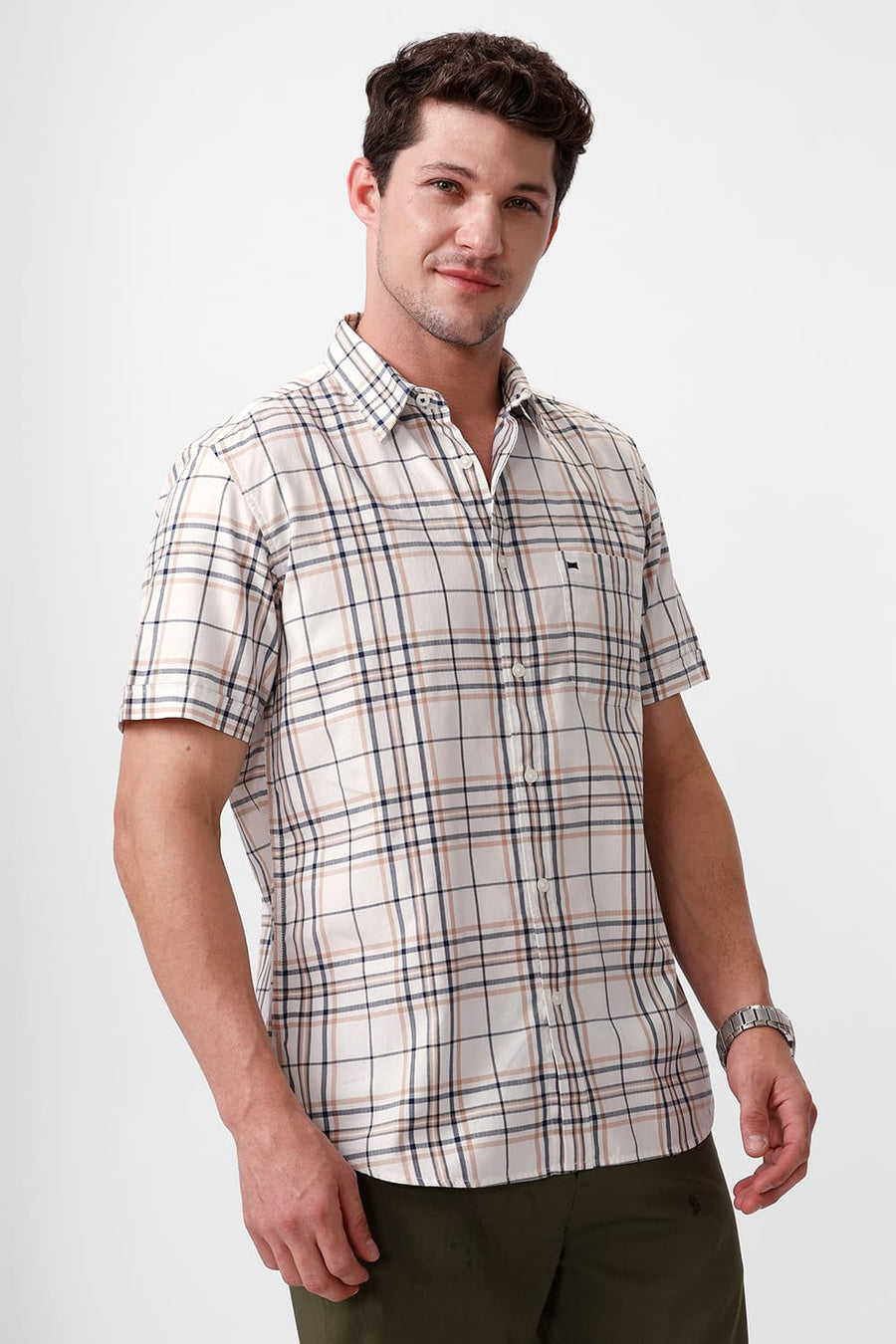 BASICS SLIM FIT SHEEPSKIN BEIGE COTTON HERRINGBONE TWILL CHECKS HALFSLEEVES SHIRT