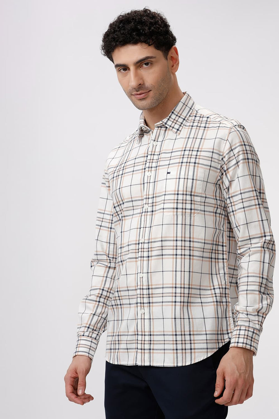 BASICS SLIM FIT SHEEPSKIN BEIGE COTTON HERRINGBONE TWILL CHECKS SHIRT