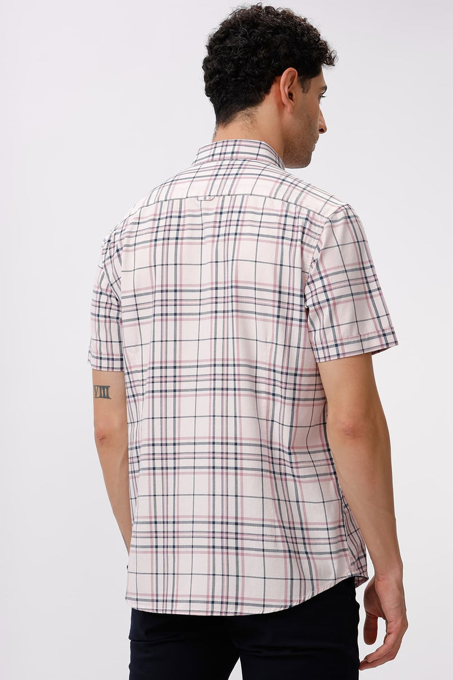 BASICS SLIM FIT DUSTY PINK COTTON HERRINGBONE TWILL CHECKS HALFSLEEVES SHIRT