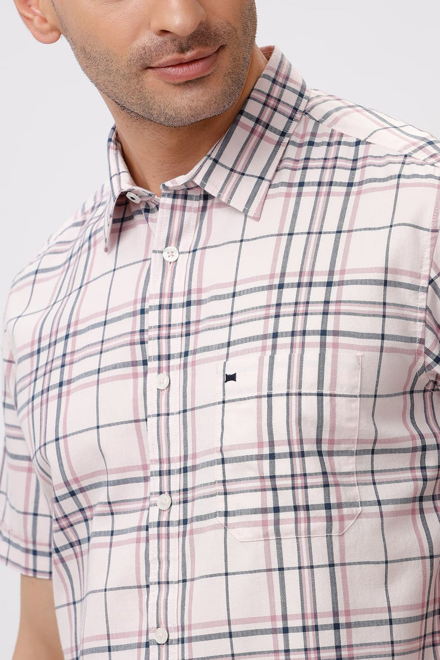 BASICS SLIM FIT DUSTY PINK COTTON HERRINGBONE TWILL CHECKS HALFSLEEVES SHIRT