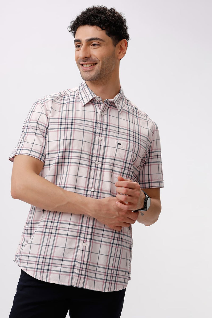 BASICS SLIM FIT DUSTY PINK COTTON HERRINGBONE TWILL CHECKS HALFSLEEVES SHIRT