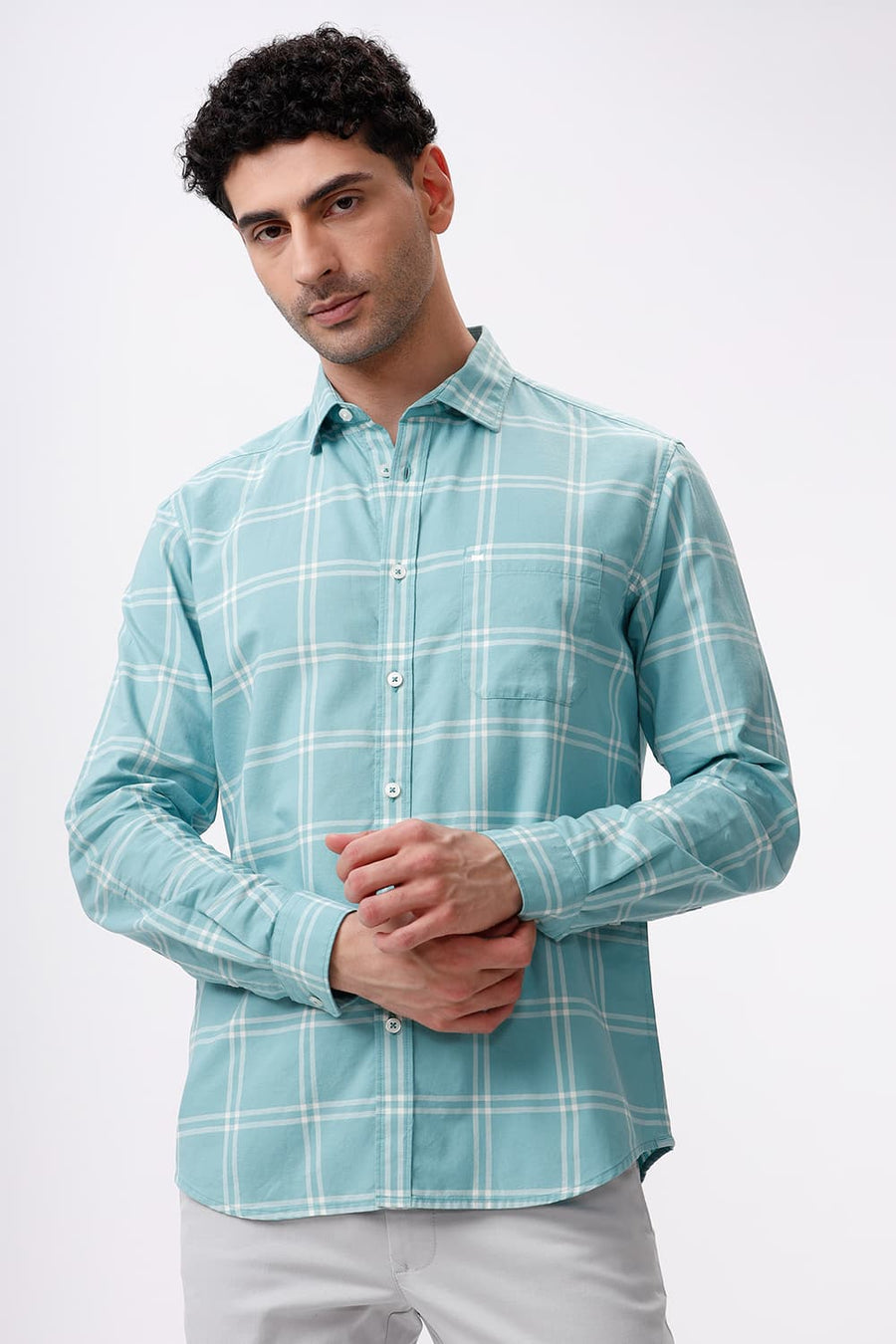 BASICS SLIM FIT DUSTY PINK COTTON HERRINGBONE TWILL CHECKS SHIRT