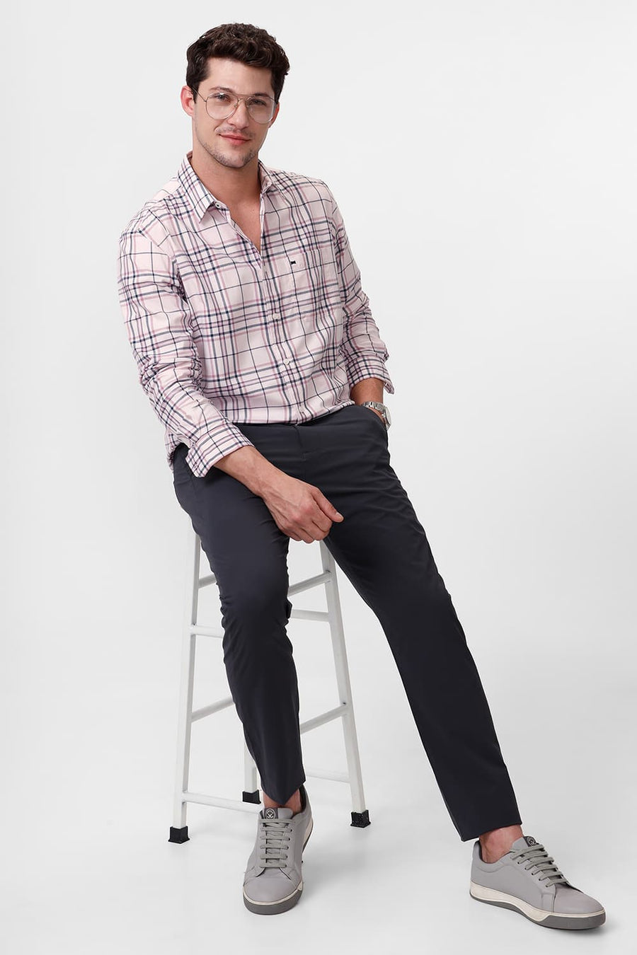 BASICS SLIM FIT DUSTY PINK COTTON HERRINGBONE TWILL CHECKS SHIRT