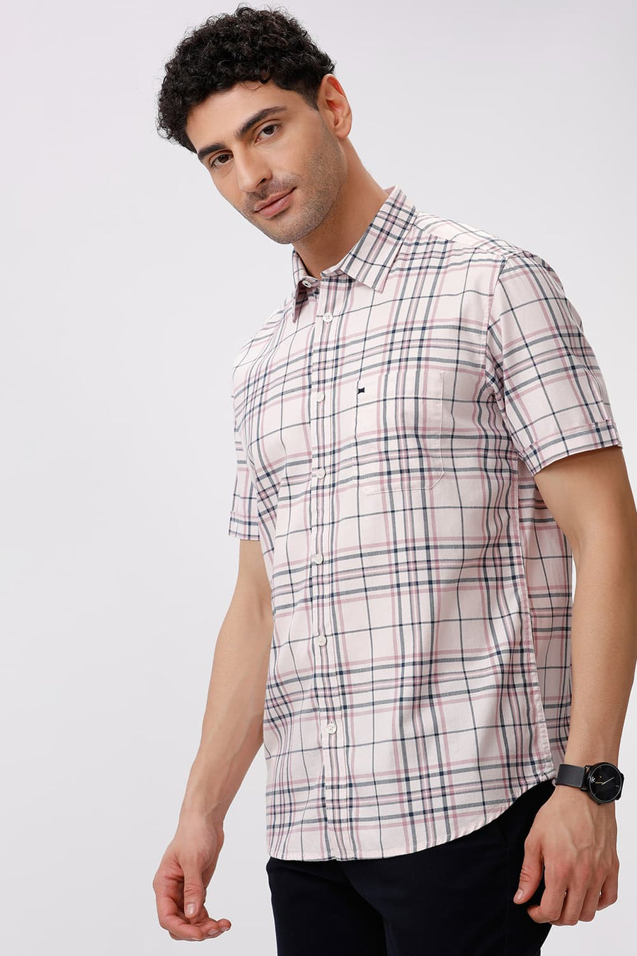 BASICS SLIM FIT DUSTY PINK COTTON HERRINGBONE TWILL CHECKS HALFSLEEVES SHIRT
