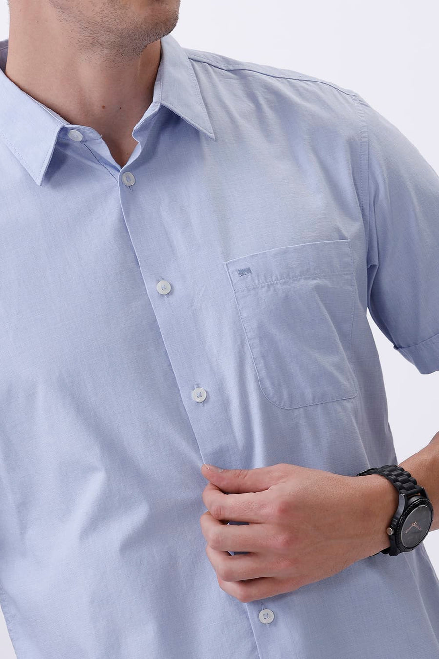 BASICS SLIM FIT HEATHER BLUE COTTON FIL-A-FIL HALFSLEEVES SHIRT