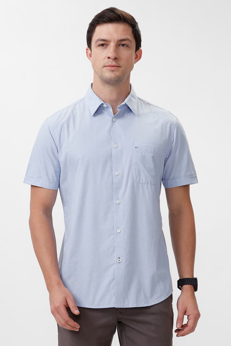 BASICS SLIM FIT HEATHER BLUE COTTON FIL-A-FIL HALFSLEEVES SHIRT