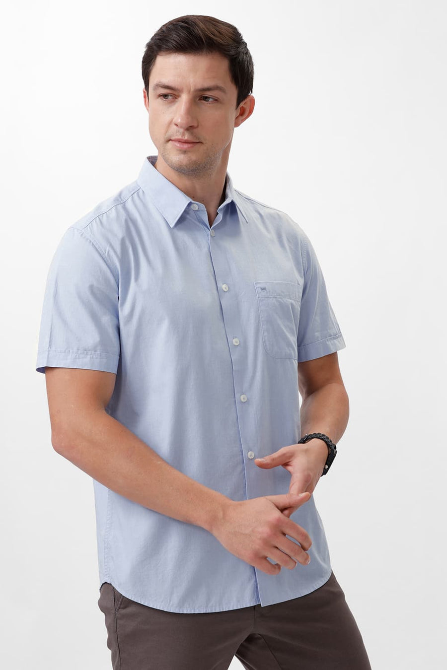 BASICS SLIM FIT HEATHER BLUE COTTON FIL-A-FIL HALFSLEEVES SHIRT