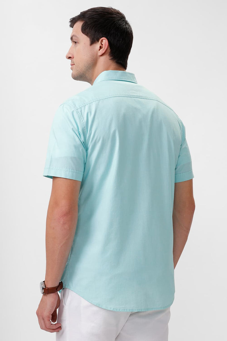 BASICS SLIM FIT YUCCA GREEN COTTON FIL-A-FIL HALFSLEEVES SHIRT