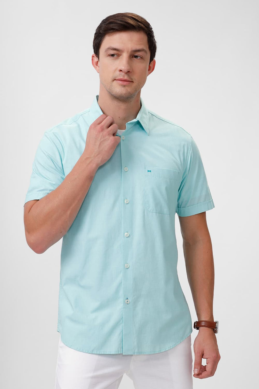BASICS SLIM FIT YUCCA GREEN COTTON FIL-A-FIL HALFSLEEVES SHIRT