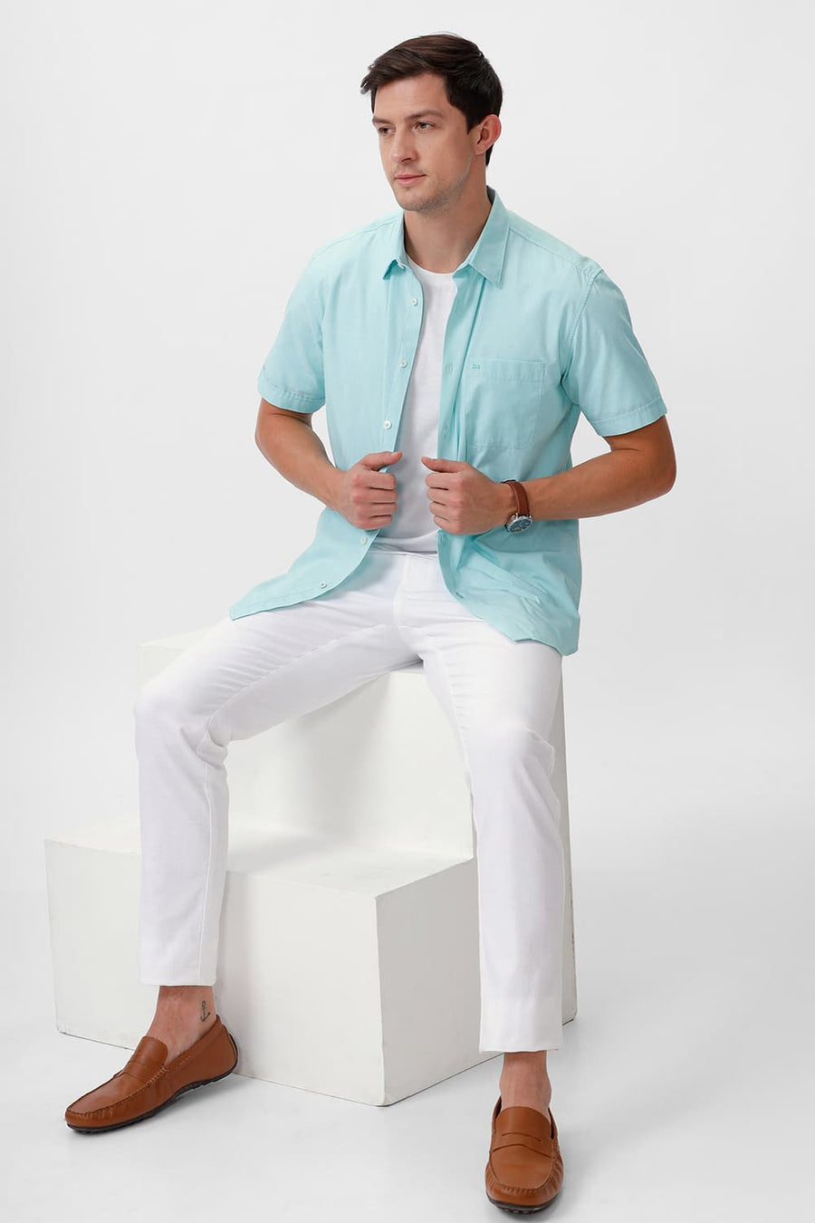 BASICS SLIM FIT YUCCA GREEN COTTON FIL-A-FIL HALFSLEEVES SHIRT