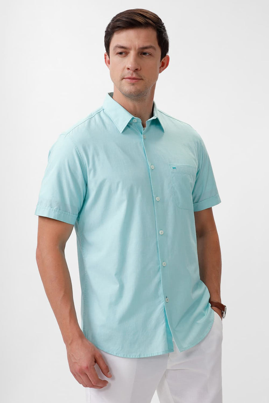 BASICS SLIM FIT YUCCA GREEN COTTON FIL-A-FIL HALFSLEEVES SHIRT