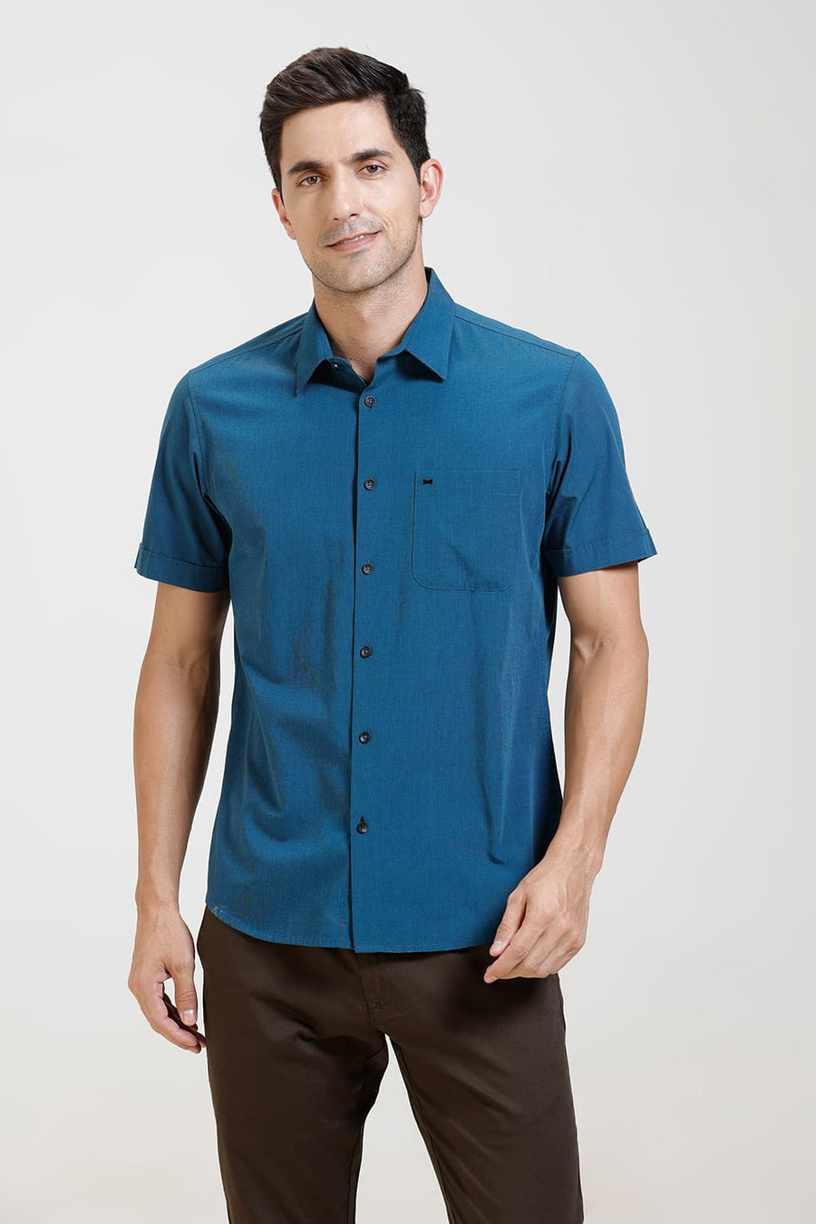 BASICS SLIM FIT TURQUOISE BLUE COTTON FIL-A-FIL HALFSLEEVES SHIRT