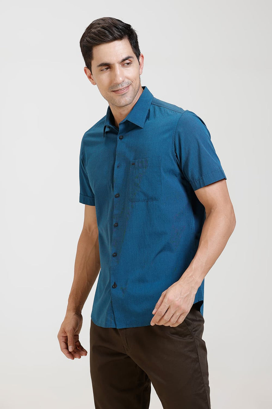 BASICS SLIM FIT TURQUOISE BLUE COTTON FIL-A-FIL HALFSLEEVES SHIRT