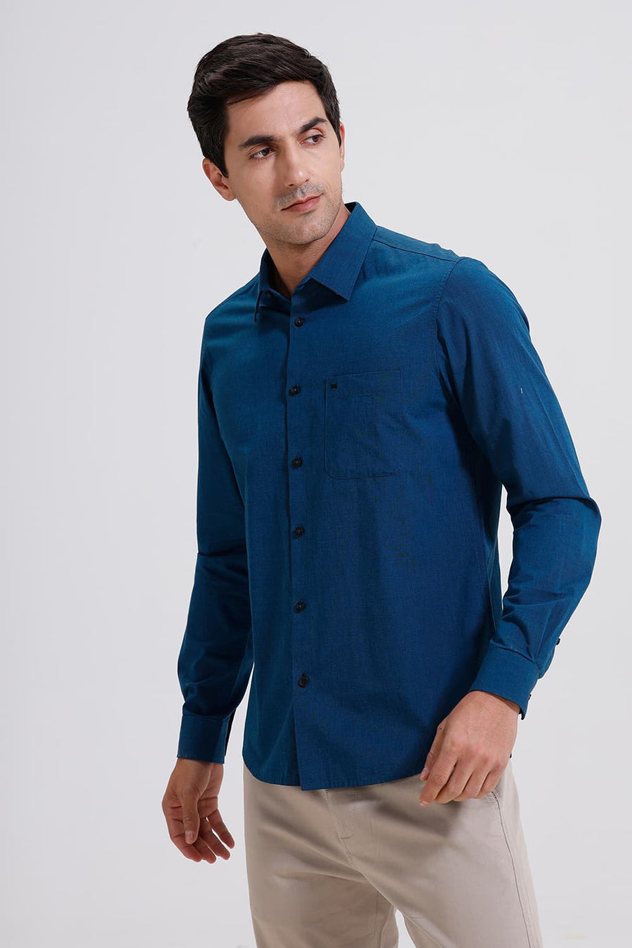BASICS SLIM FIT TURQUOISE BLUE COTTON FIL-A-FIL SHIRT