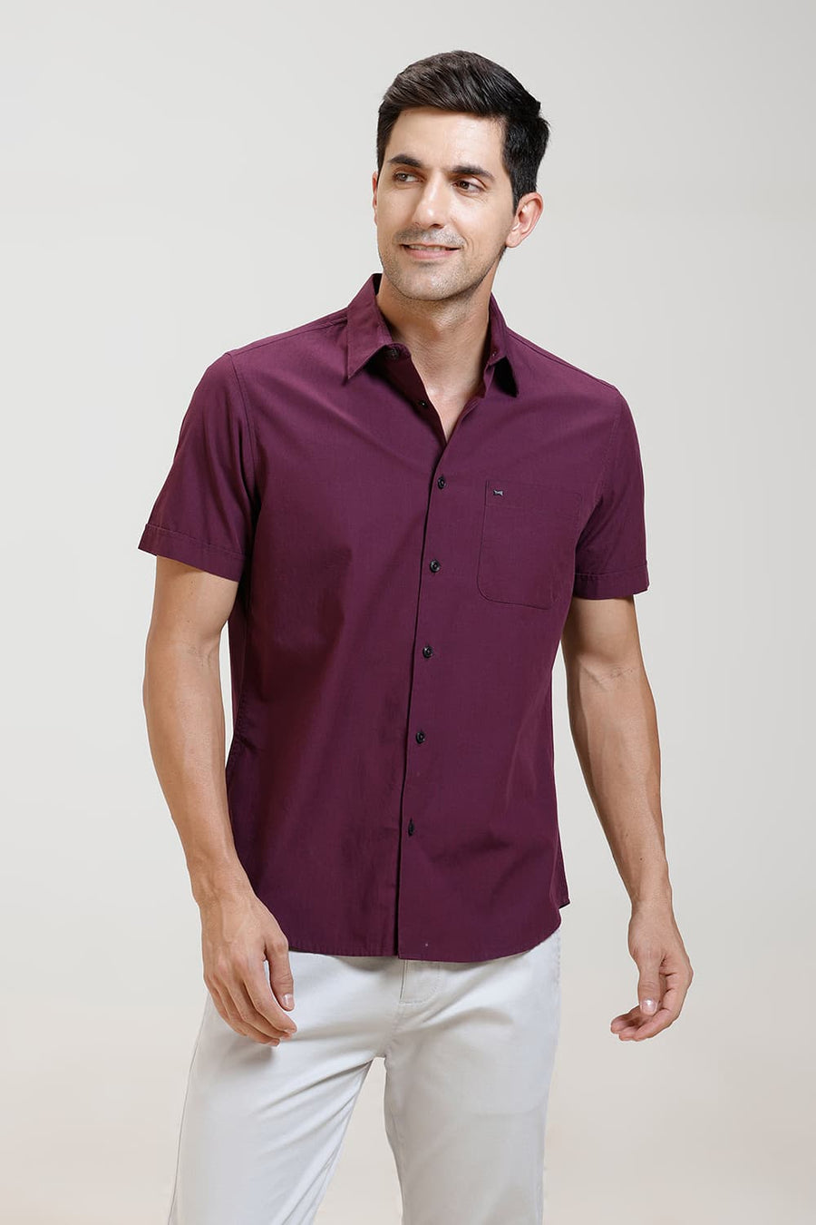 BASICS SLIM FIT PLUM PURPLE COTTON FIL-A-FIL HALFSLEEVES SHIRT
