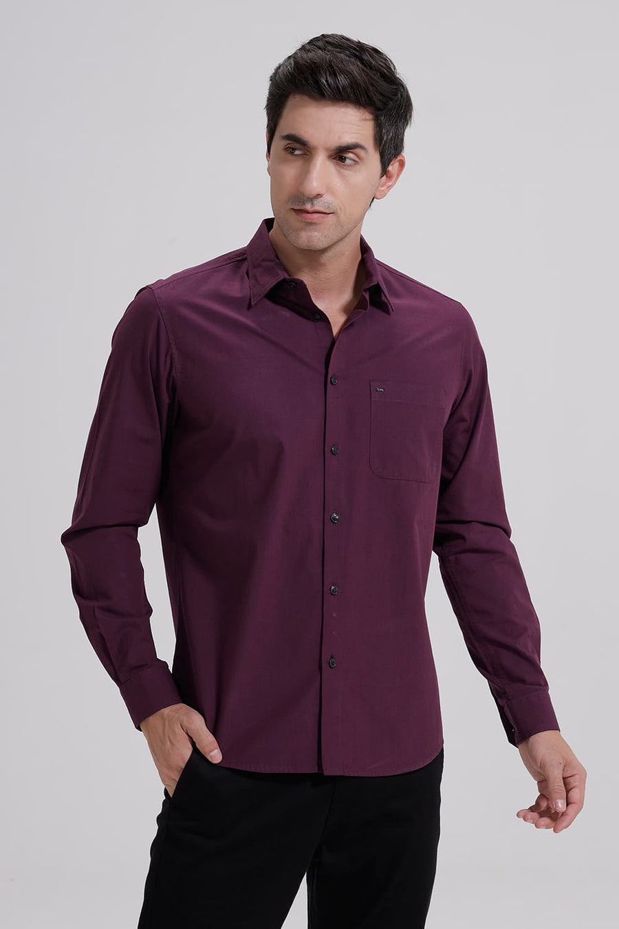 BASICS SLIM FIT PLUM PURPLE COTTON FIL-A-FIL SHIRT