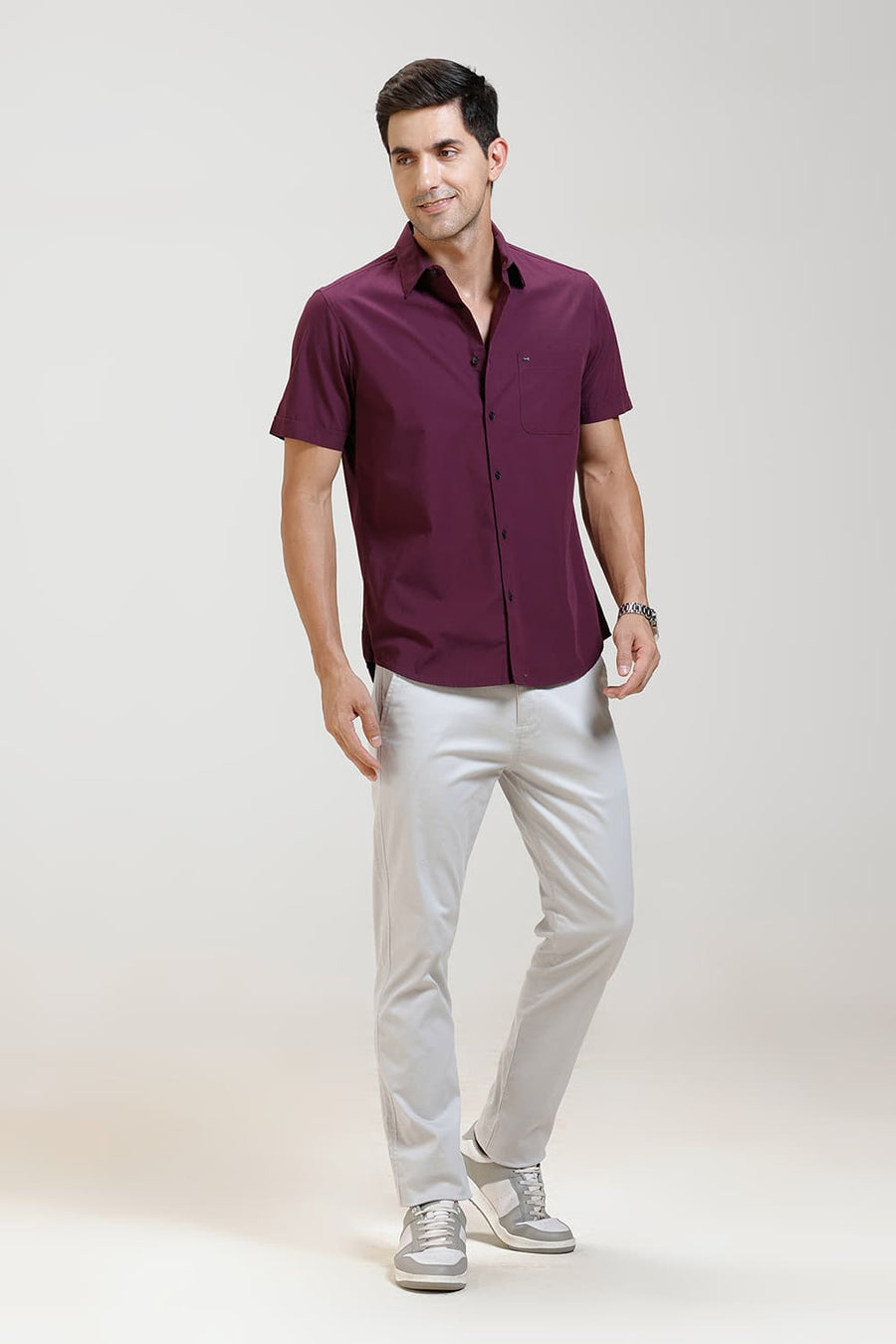 BASICS SLIM FIT PLUM PURPLE COTTON FIL-A-FIL HALFSLEEVES SHIRT