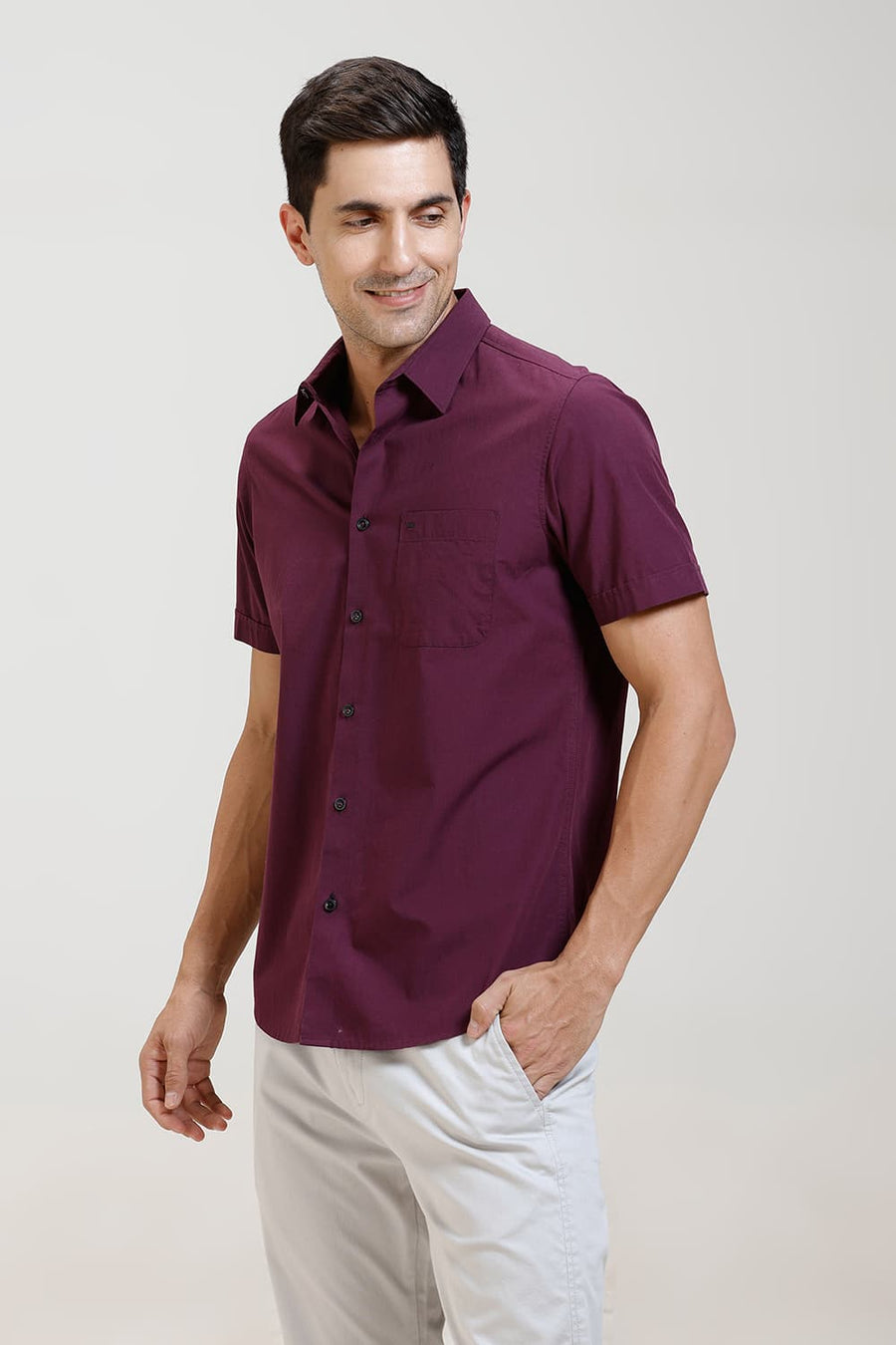 BASICS SLIM FIT PLUM PURPLE COTTON FIL-A-FIL HALFSLEEVES SHIRT