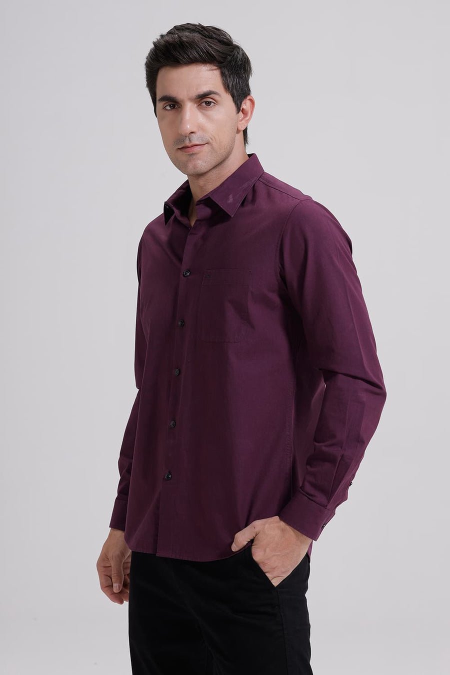 BASICS SLIM FIT PLUM PURPLE COTTON FIL-A-FIL SHIRT