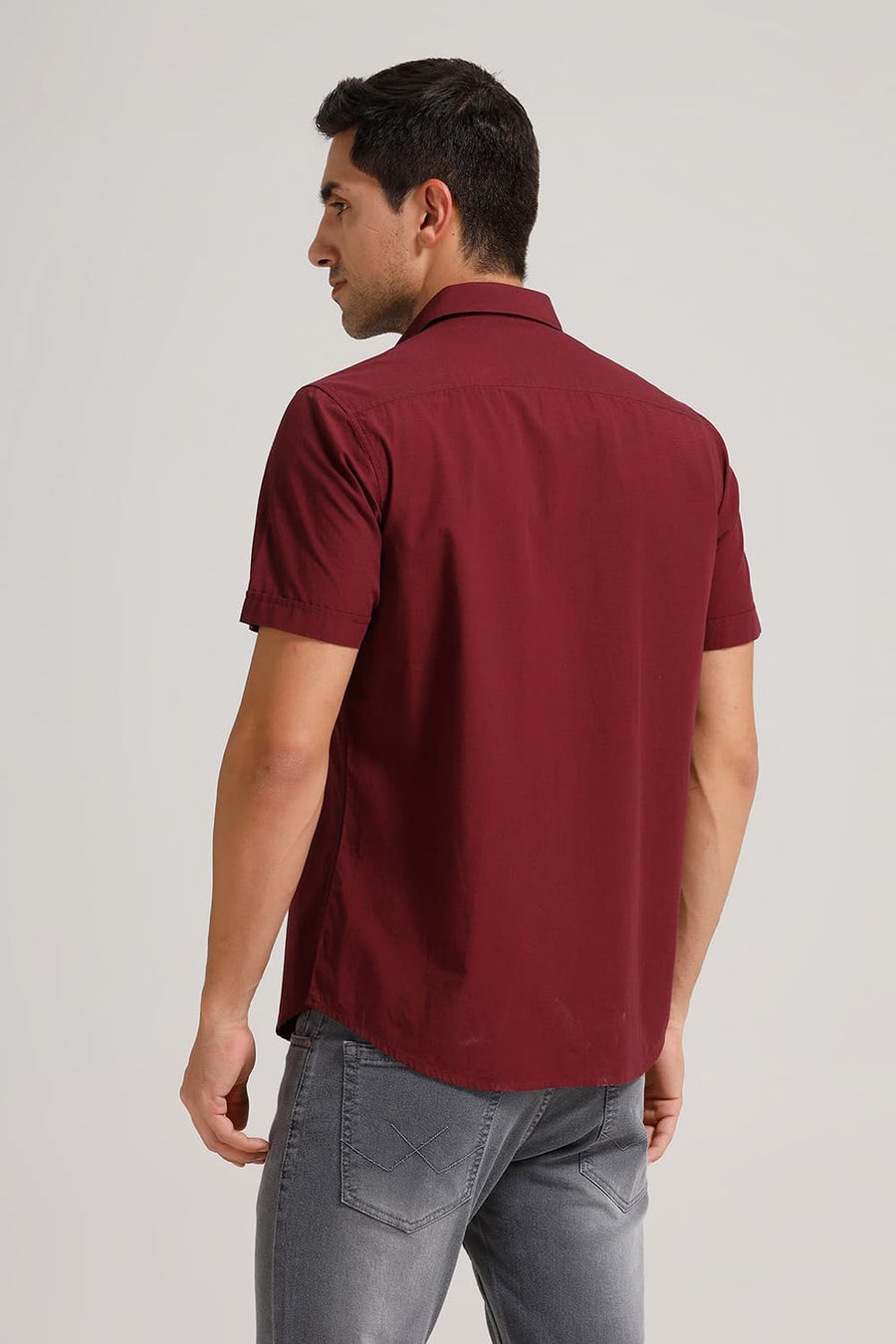 BASICS SLIM FIT CORDOVAN MAROON COTTON FIL-A-FIL HALFSLEEVES SHIRT