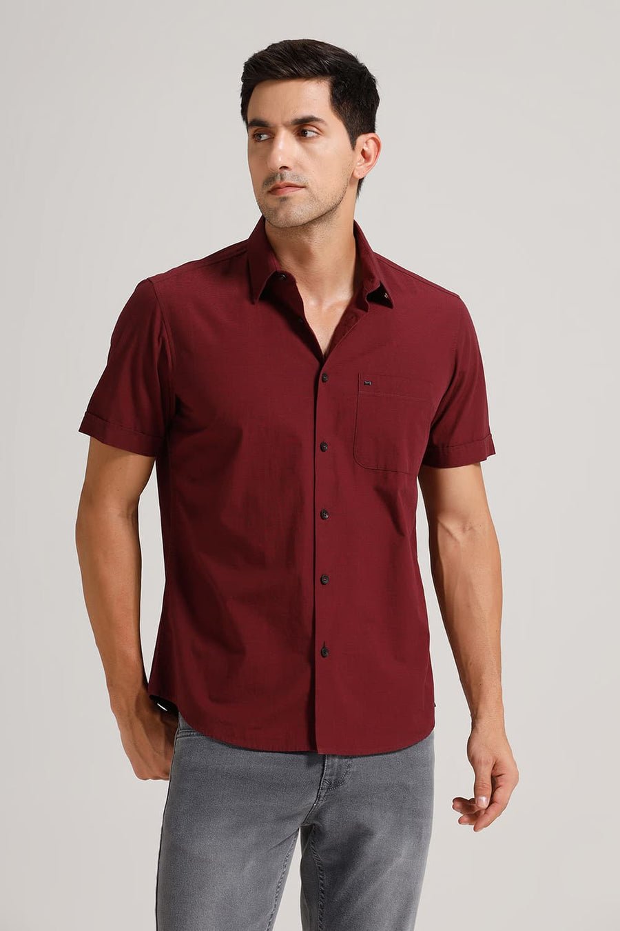 BASICS SLIM FIT CORDOVAN MAROON COTTON FIL-A-FIL HALFSLEEVES SHIRT