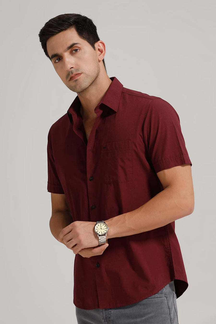 BASICS SLIM FIT CORDOVAN MAROON COTTON FIL-A-FIL HALFSLEEVES SHIRT