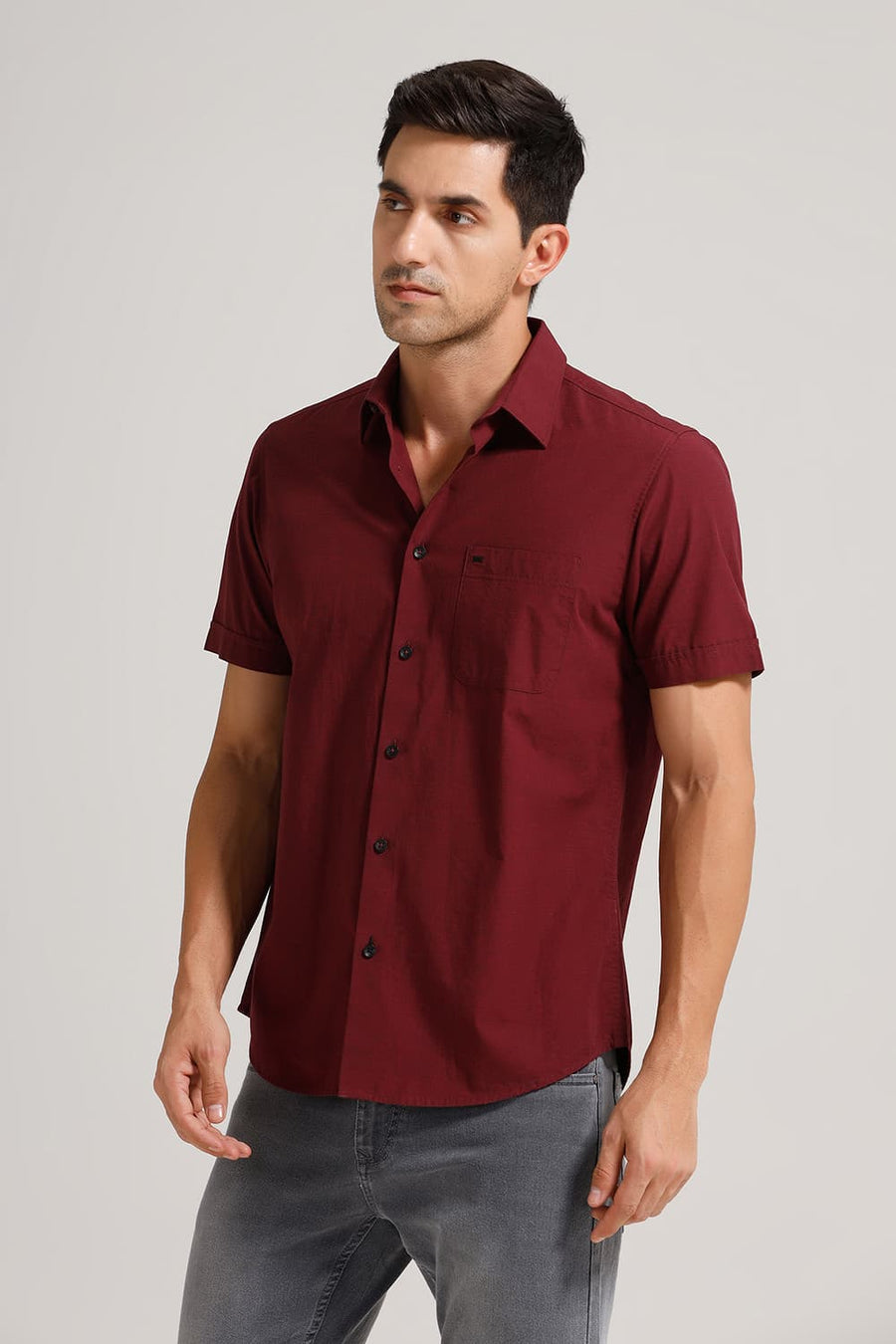 BASICS SLIM FIT CORDOVAN MAROON COTTON FIL-A-FIL HALFSLEEVES SHIRT