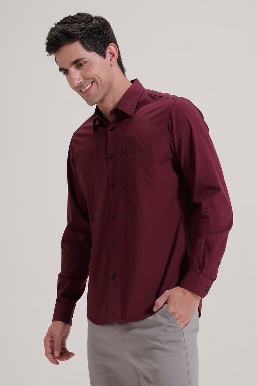 BASICS SLIM FIT CORDOVAN MAROON COTTON FIL-A-FIL SHIRT