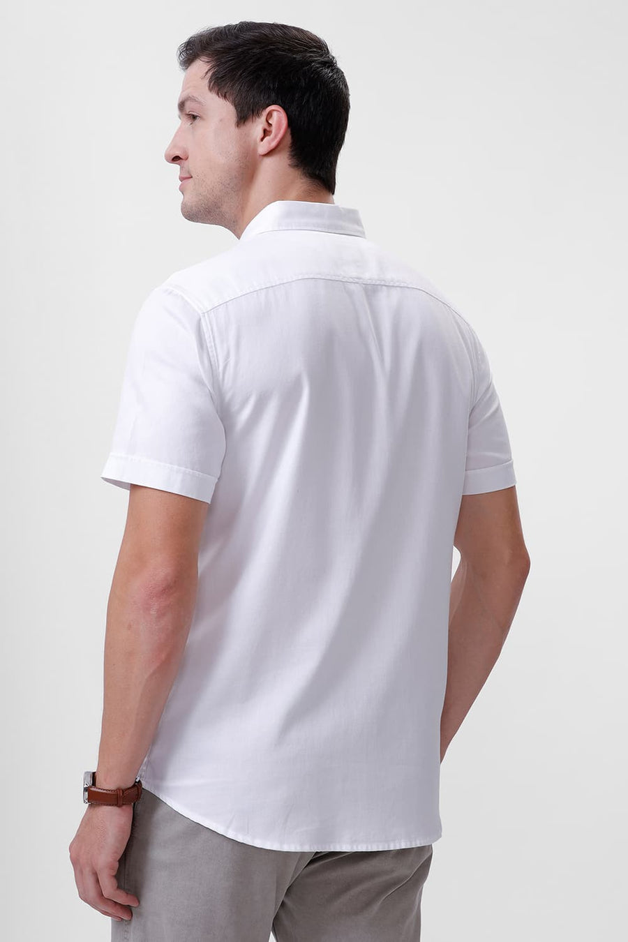 BASICS SLIM FIT BRIGHT WHITE COTTON DOBBY HALFSLEEVES SHIRT