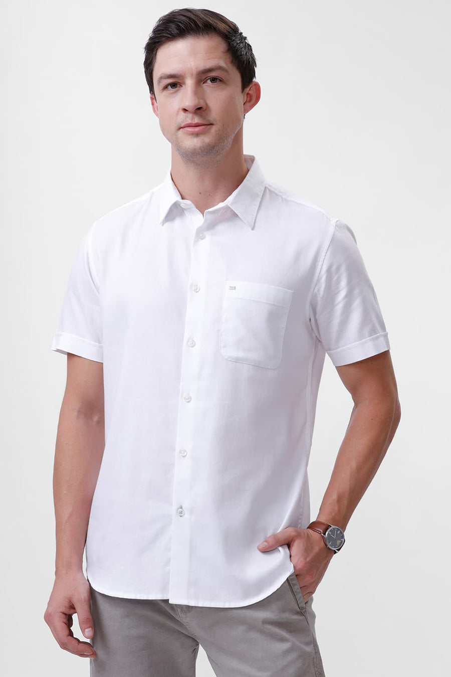 BASICS SLIM FIT BRIGHT WHITE COTTON DOBBY HALFSLEEVES SHIRT