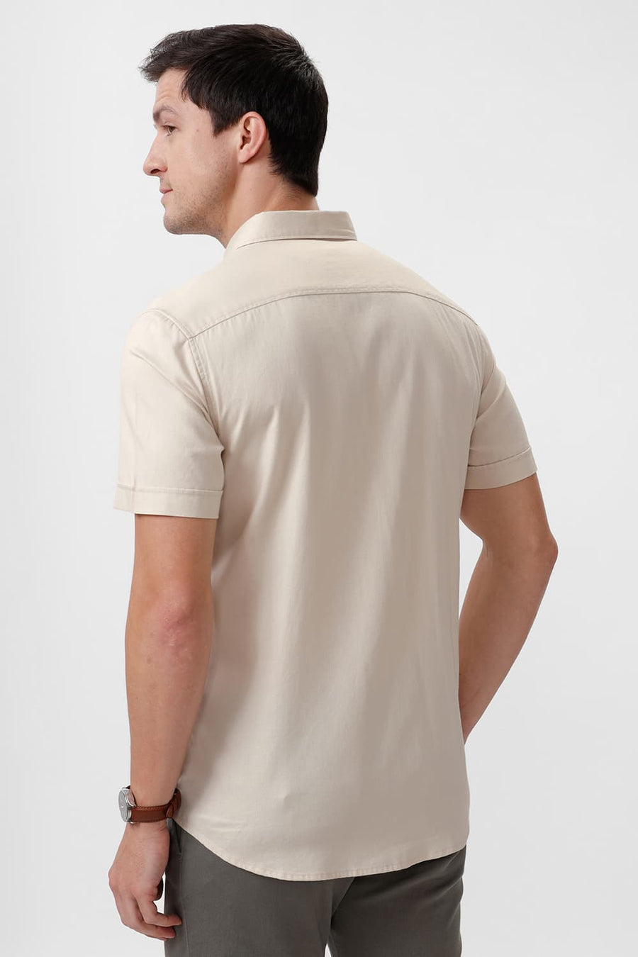 BASICS SLIM FIT DEW BEIGE COTTON DOBBY HALFSLEEVES SHIRT