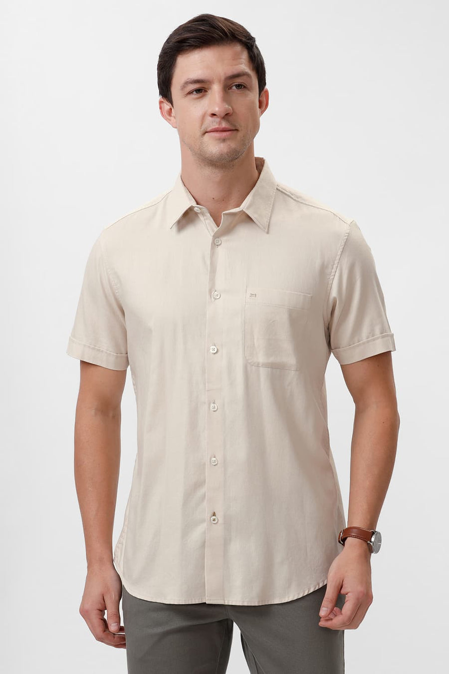BASICS SLIM FIT DEW BEIGE COTTON DOBBY HALFSLEEVES SHIRT