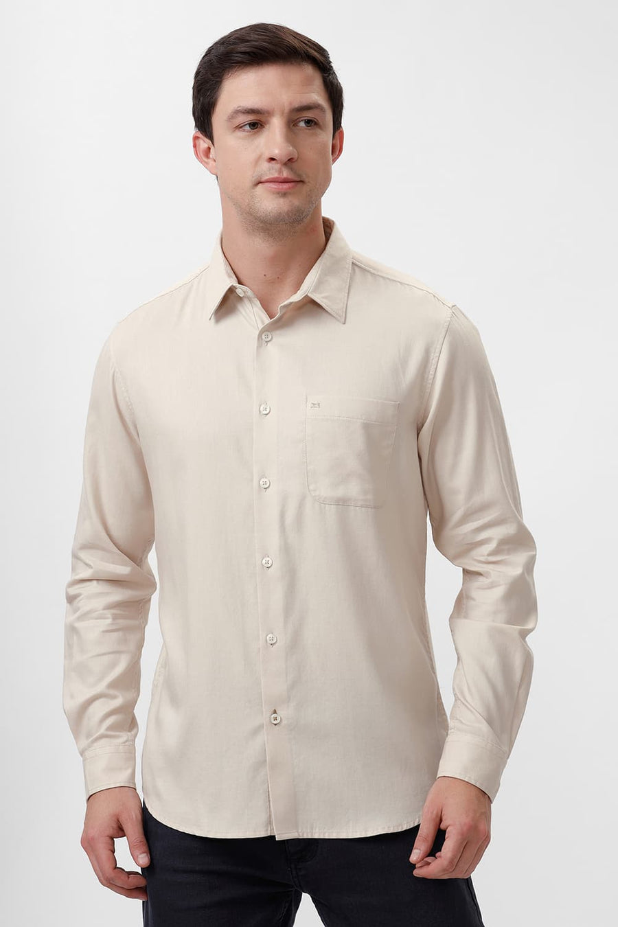 BASICS SLIM FIT DEW BEIGE COTTON DOBBY SHIRT