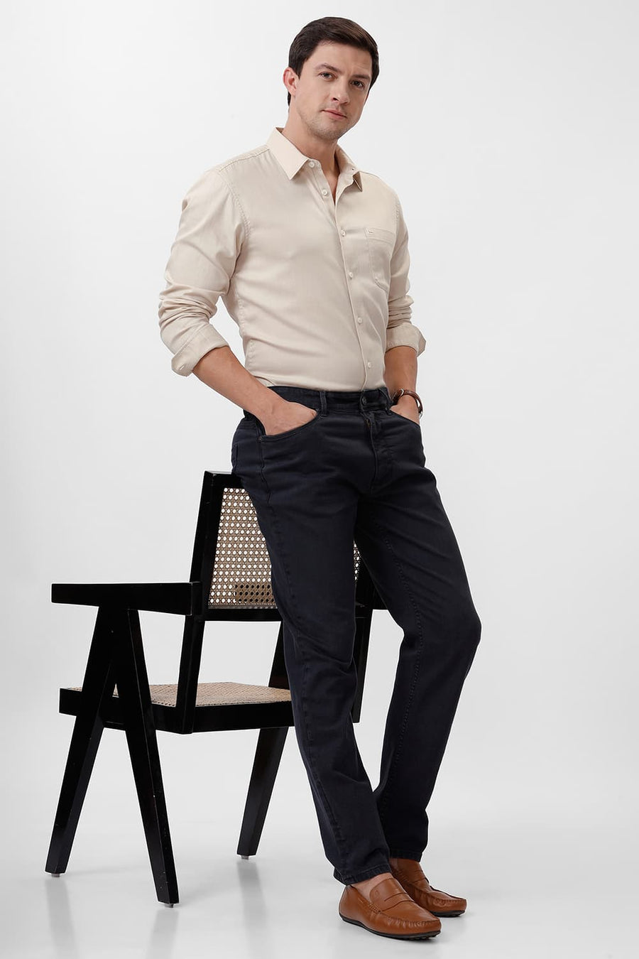 BASICS SLIM FIT DEW BEIGE COTTON DOBBY SHIRT