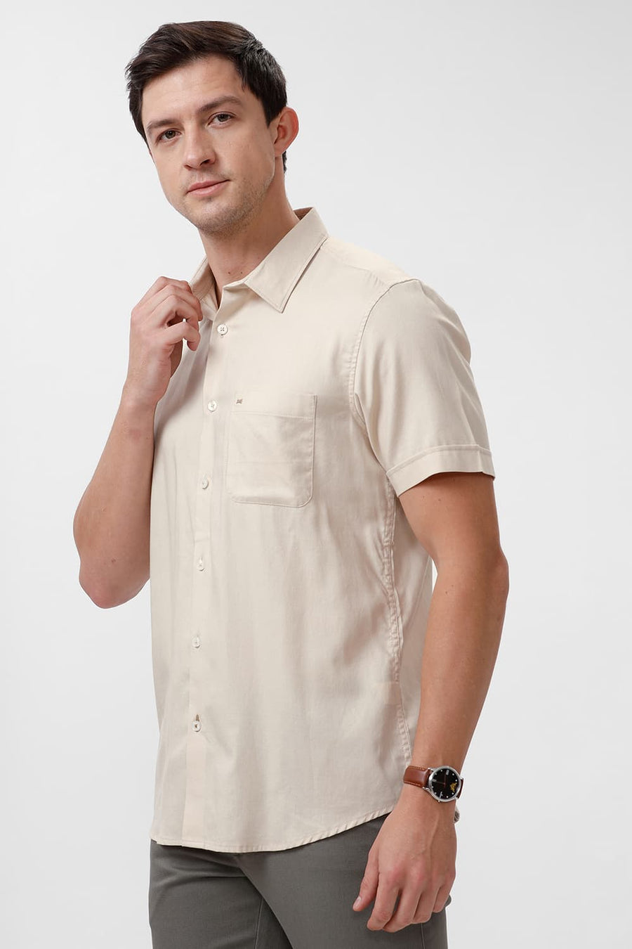 BASICS SLIM FIT DEW BEIGE COTTON DOBBY HALFSLEEVES SHIRT