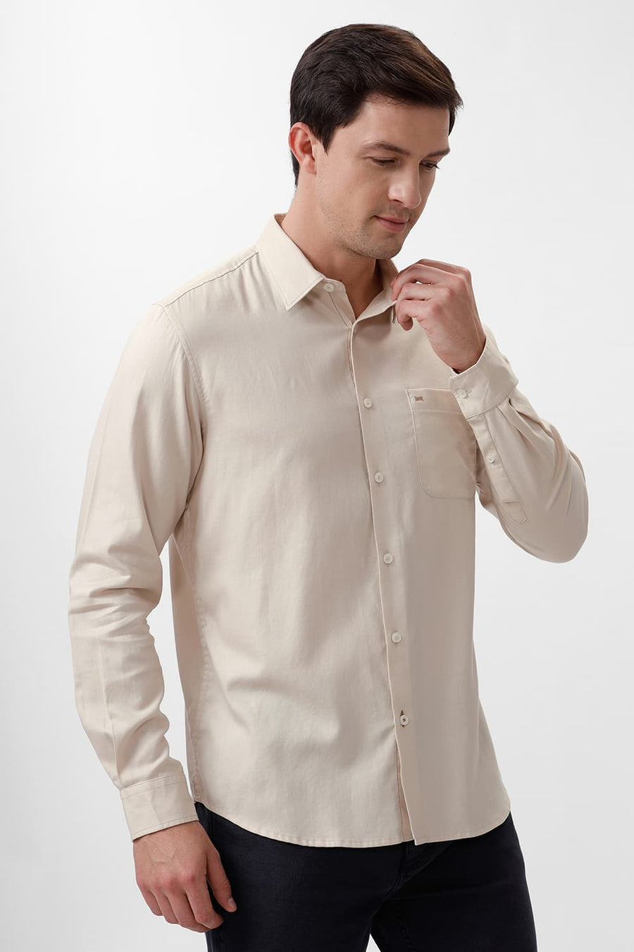 BASICS SLIM FIT DEW BEIGE COTTON DOBBY SHIRT