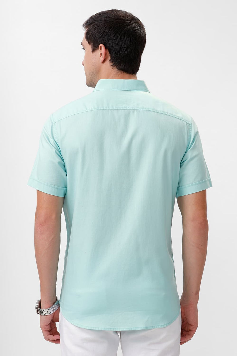 BASICS SLIM FIT ICY GREEN COTTON DOBBY HALFSLEEVES SHIRT
