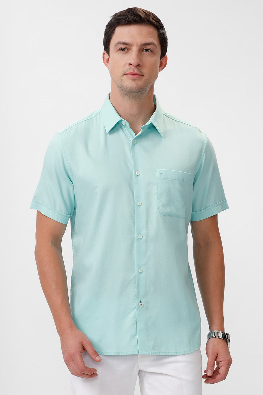 BASICS SLIM FIT ICY GREEN COTTON DOBBY HALFSLEEVES SHIRT