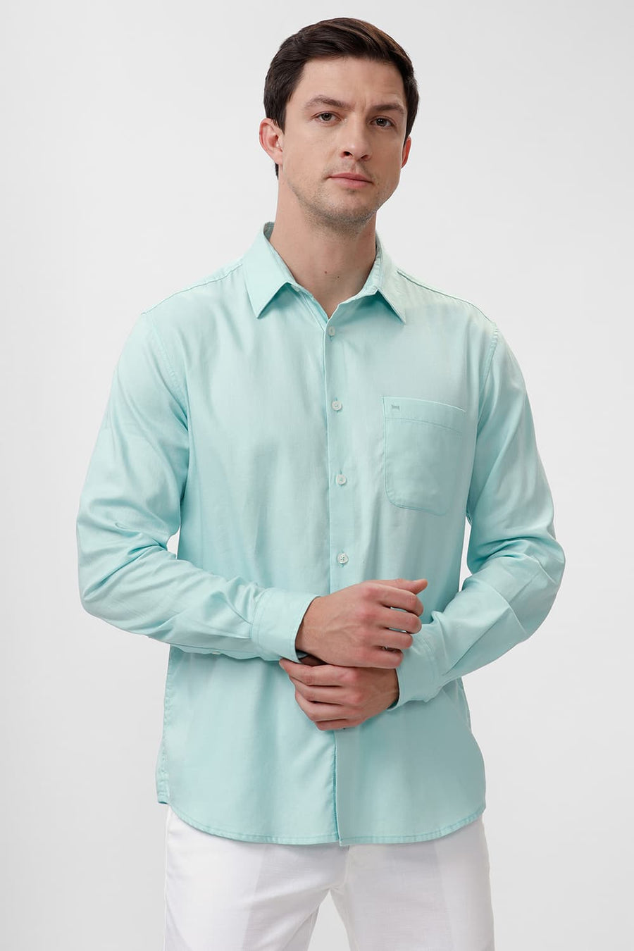 BASICS SLIM FIT ICY GREEN COTTON DOBBY SHIRT