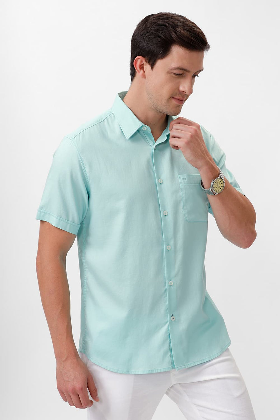 BASICS SLIM FIT ICY GREEN COTTON DOBBY HALFSLEEVES SHIRT