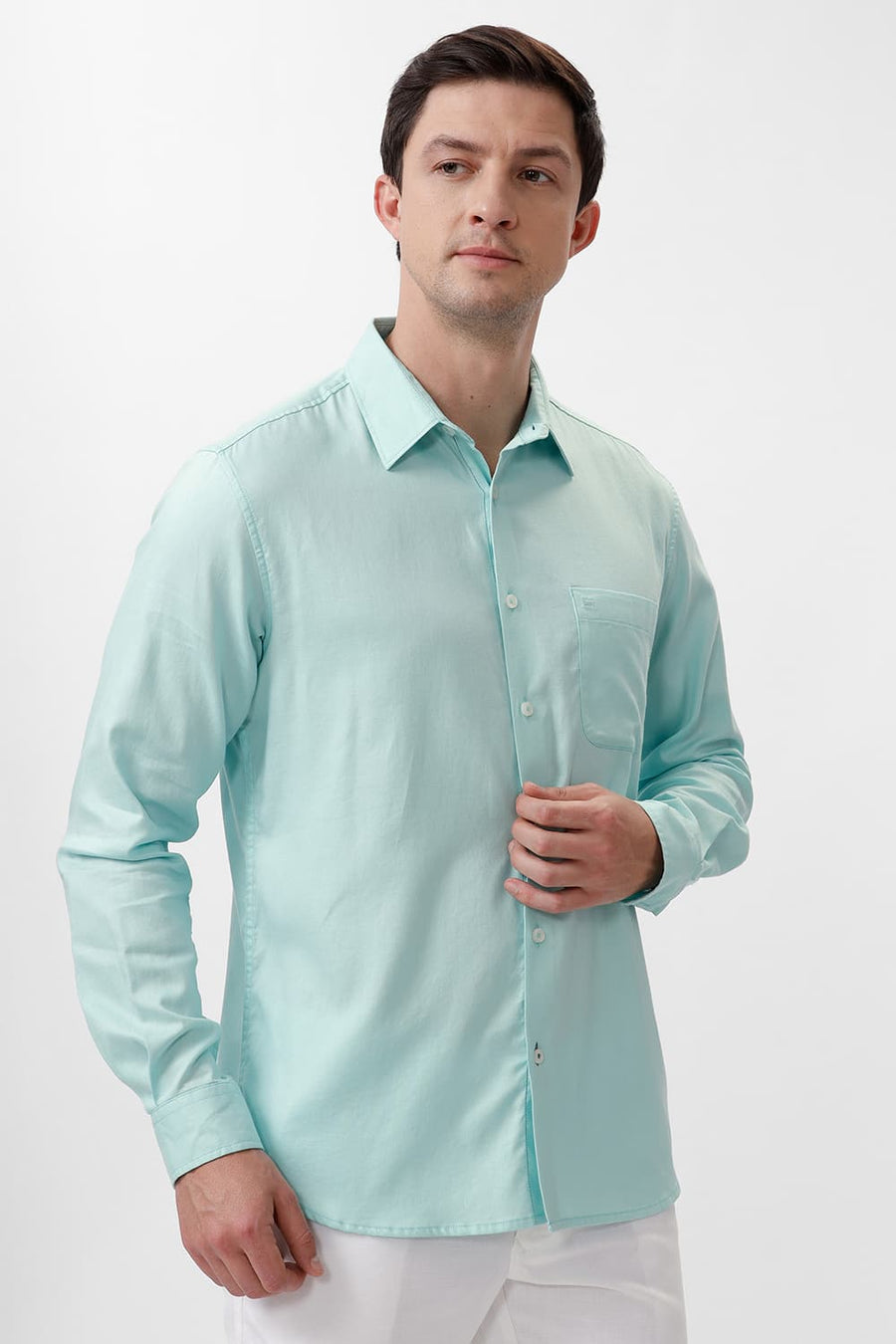BASICS SLIM FIT ICY GREEN COTTON DOBBY SHIRT