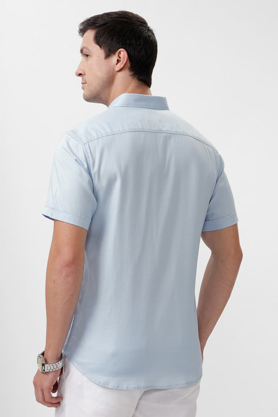 BASICS SLIM FIT SKYWAY BLUE COTTON DOBBY HALFSLEEVES SHIRT