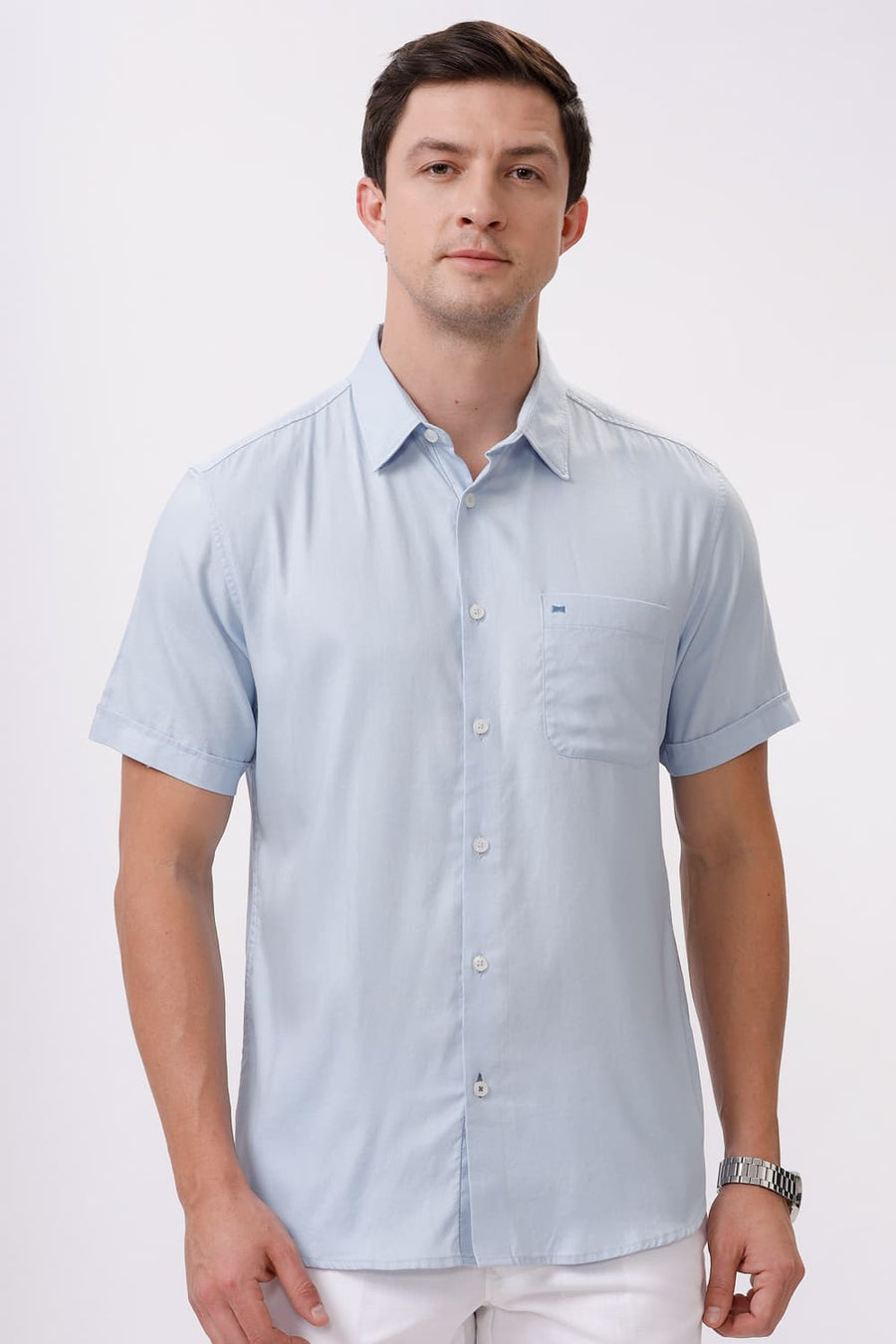 BASICS SLIM FIT SKYWAY BLUE COTTON DOBBY HALFSLEEVES SHIRT