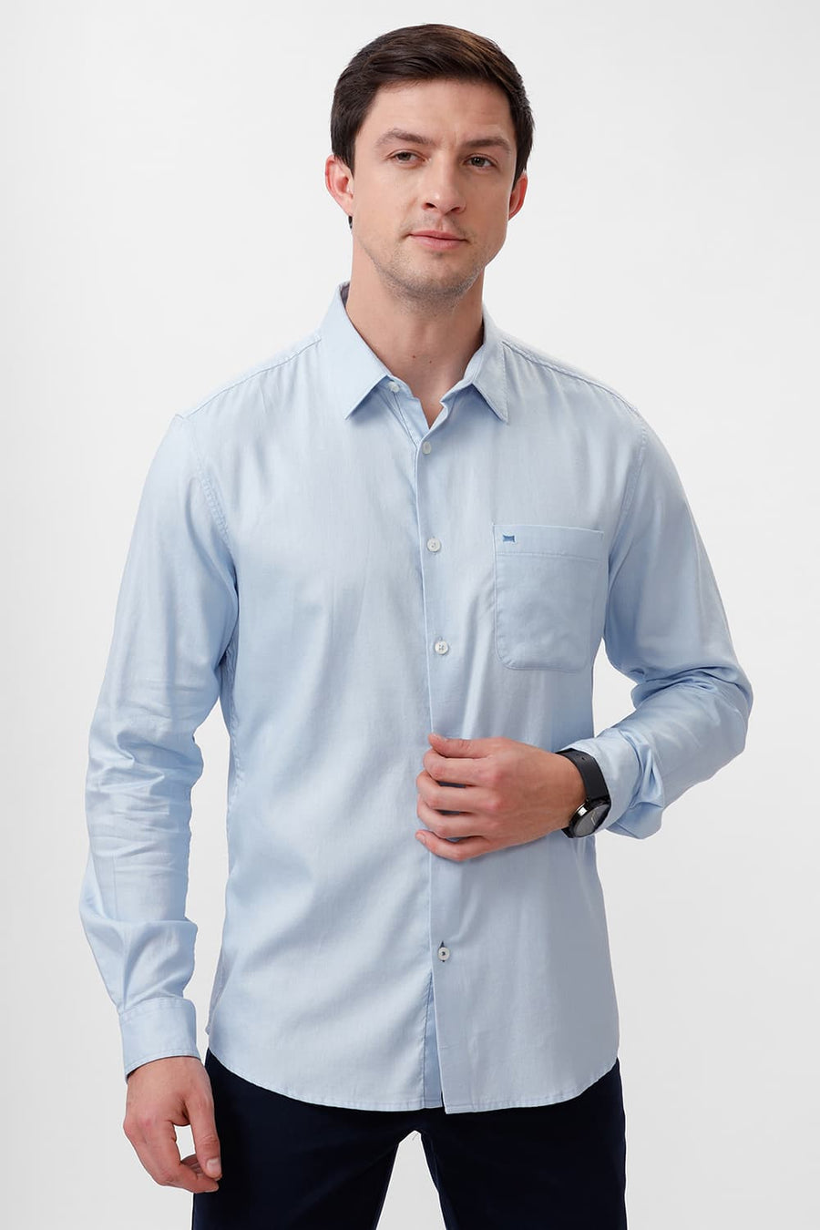 BASICS SLIM FIT SKYWAY BLUE COTTON DOBBY SHIRT