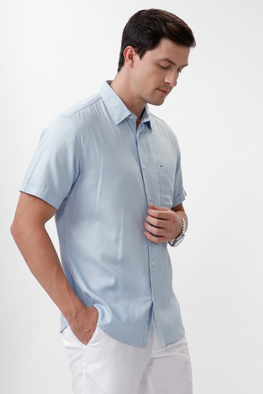 BASICS SLIM FIT SKYWAY BLUE COTTON DOBBY HALFSLEEVES SHIRT