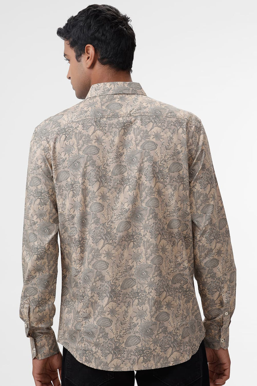 BASICS SLIM FIT TRAVERTINE BROWN COTTON POPLIN PRINTED SHIRT